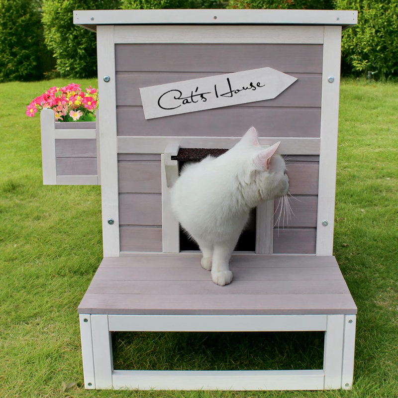 Tucker Murphy Pet Outdoor Cat House Weatherproof Feral Cat House With Escape Door Outside Wooden Single Story Pet House For Cats Puppies And Small Pet Grey Wayfair